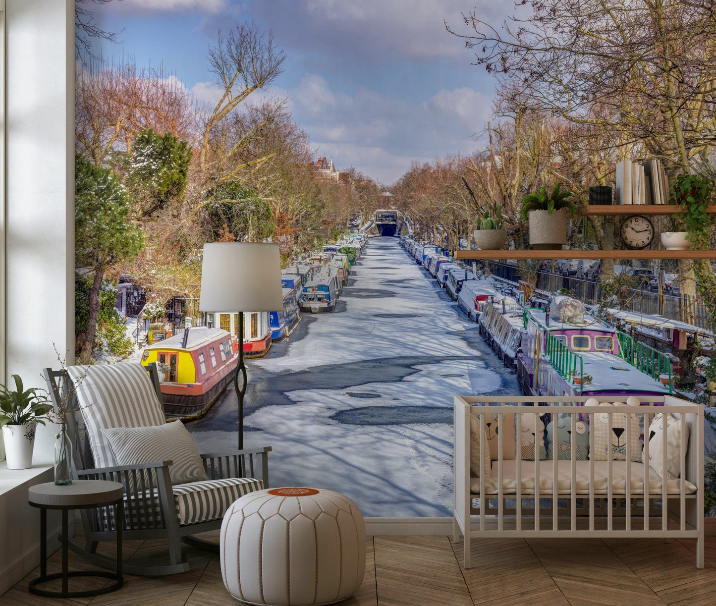 London’s Frosted Waterways Wall Mural in dining area, modern wall decor