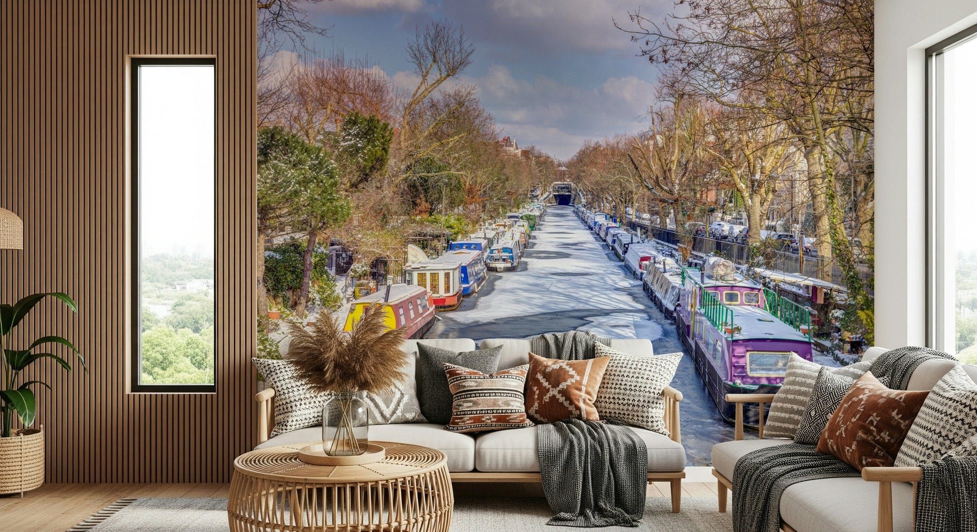 London winter waterways mural for bedroom feature wall, soft grey and blue