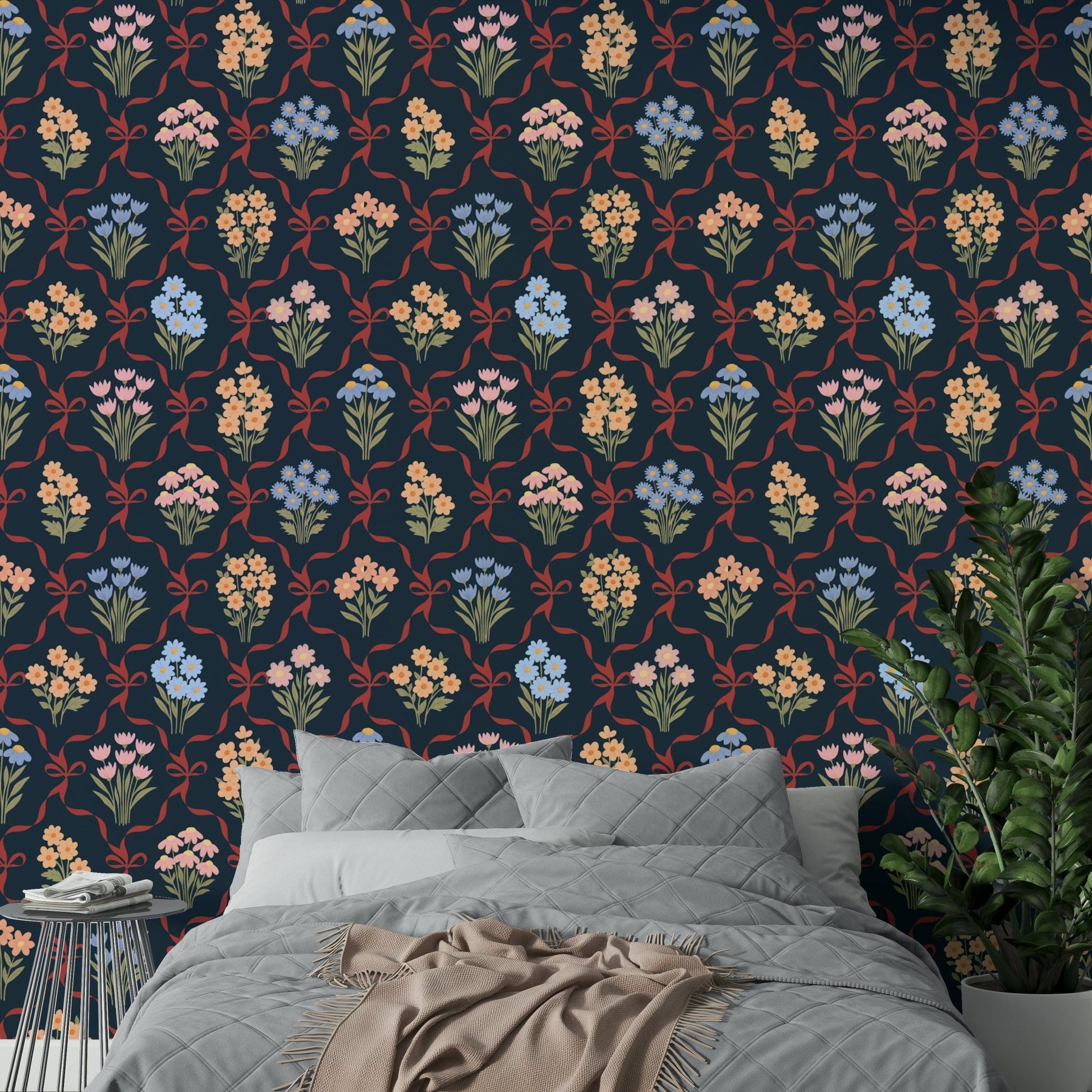 Muted floral mural with soft winter tones
