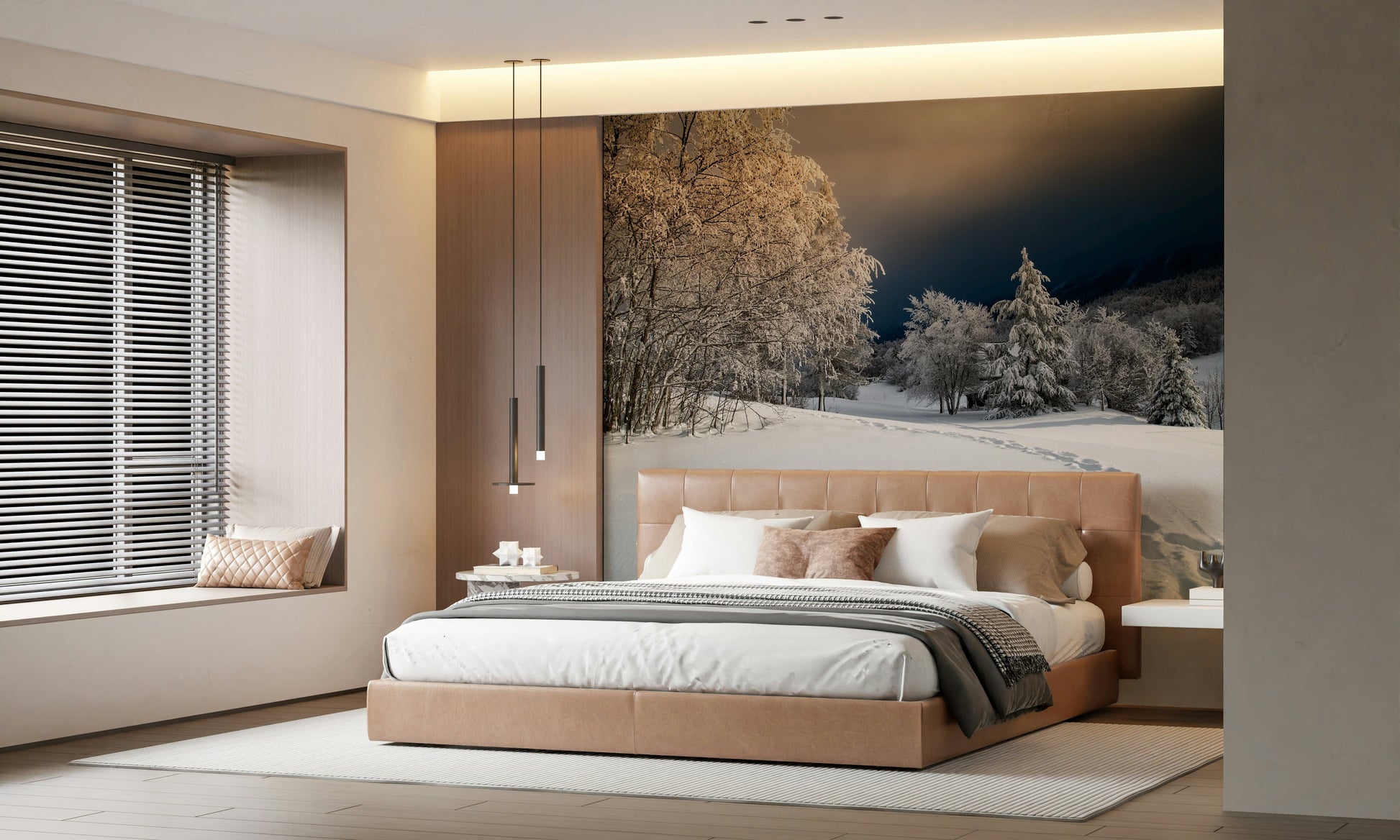 Dreamy Frozen Footsteps wallpaper, frosted woods, golden light, striking decor.