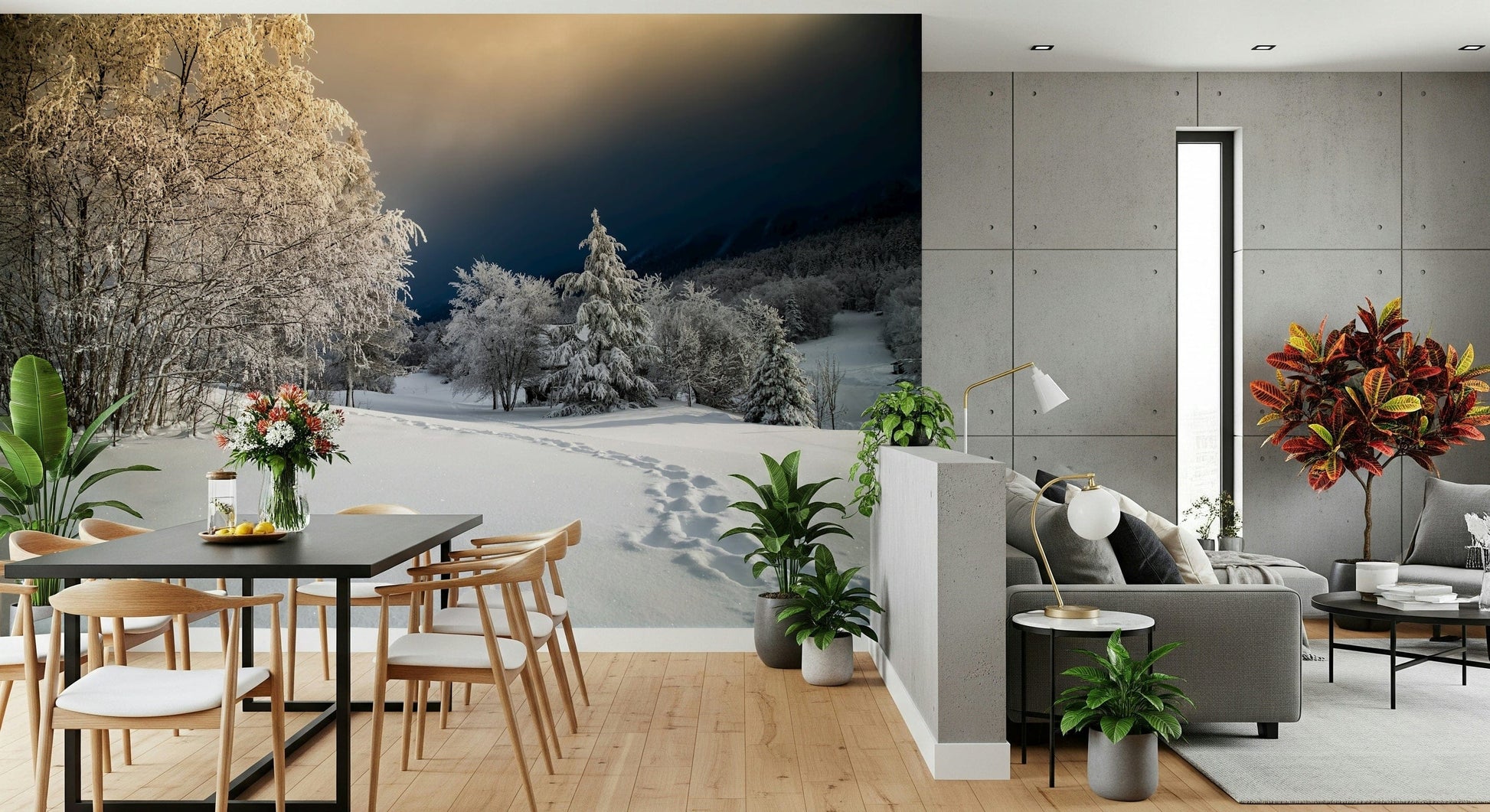 Wall mural, Frozen Footsteps, woodland path, peaceful winter retreat setting.