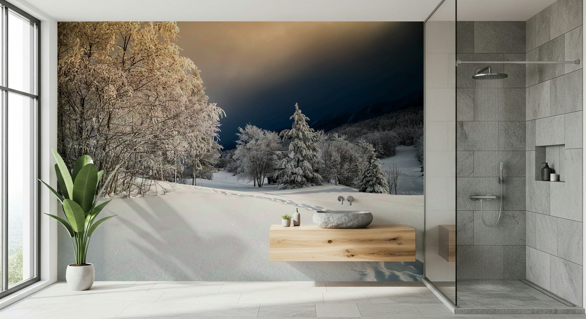 Stunning Frozen Footsteps wallpaper, deep white snow, sunny glow, home decor.