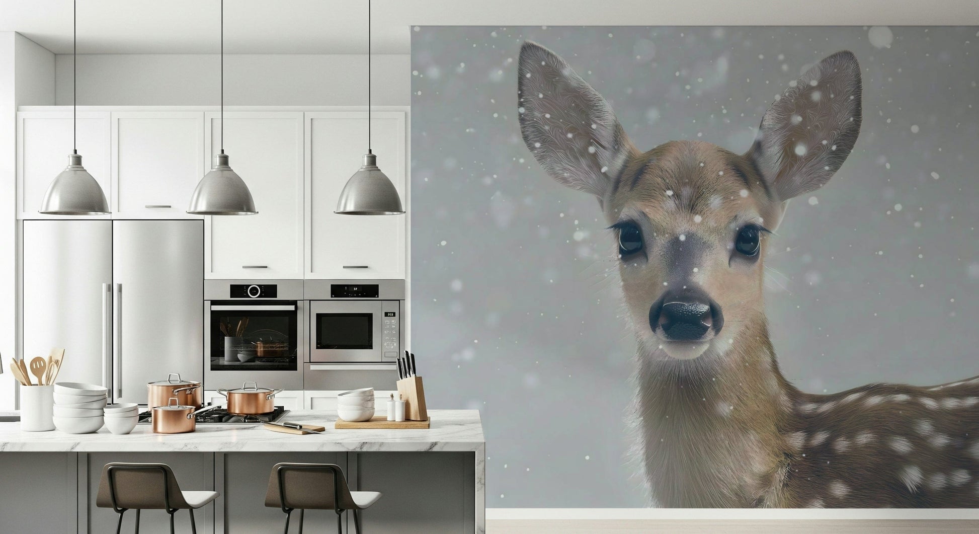 Nature-inspired wallpaper with a delicate fawn in a serene winter forest.