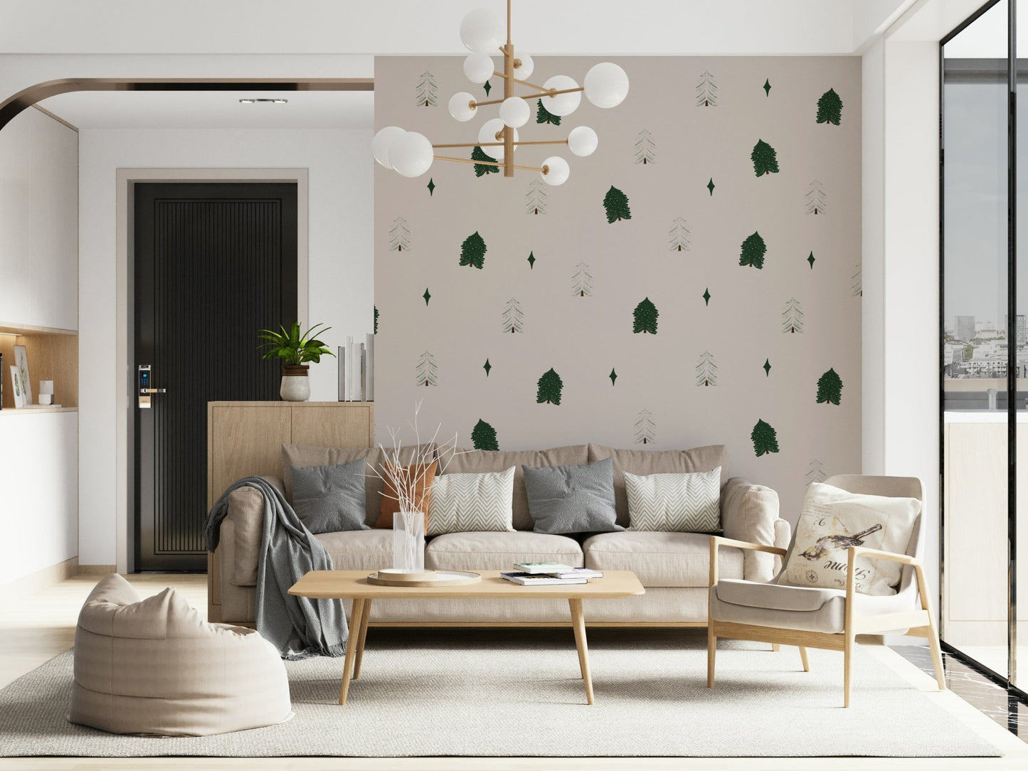 Enchanted winter forest mural with subtle snow and cool, dreamy hues.