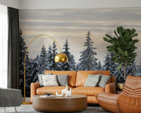 Winter forest landscape mural snow-dusted fir tree border.