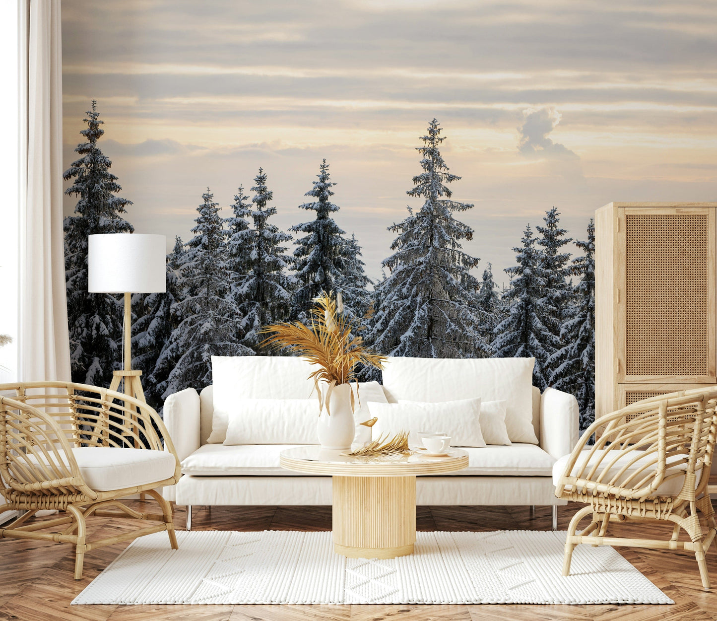 Icy pine forest canopy mural peaceful winter scene art.