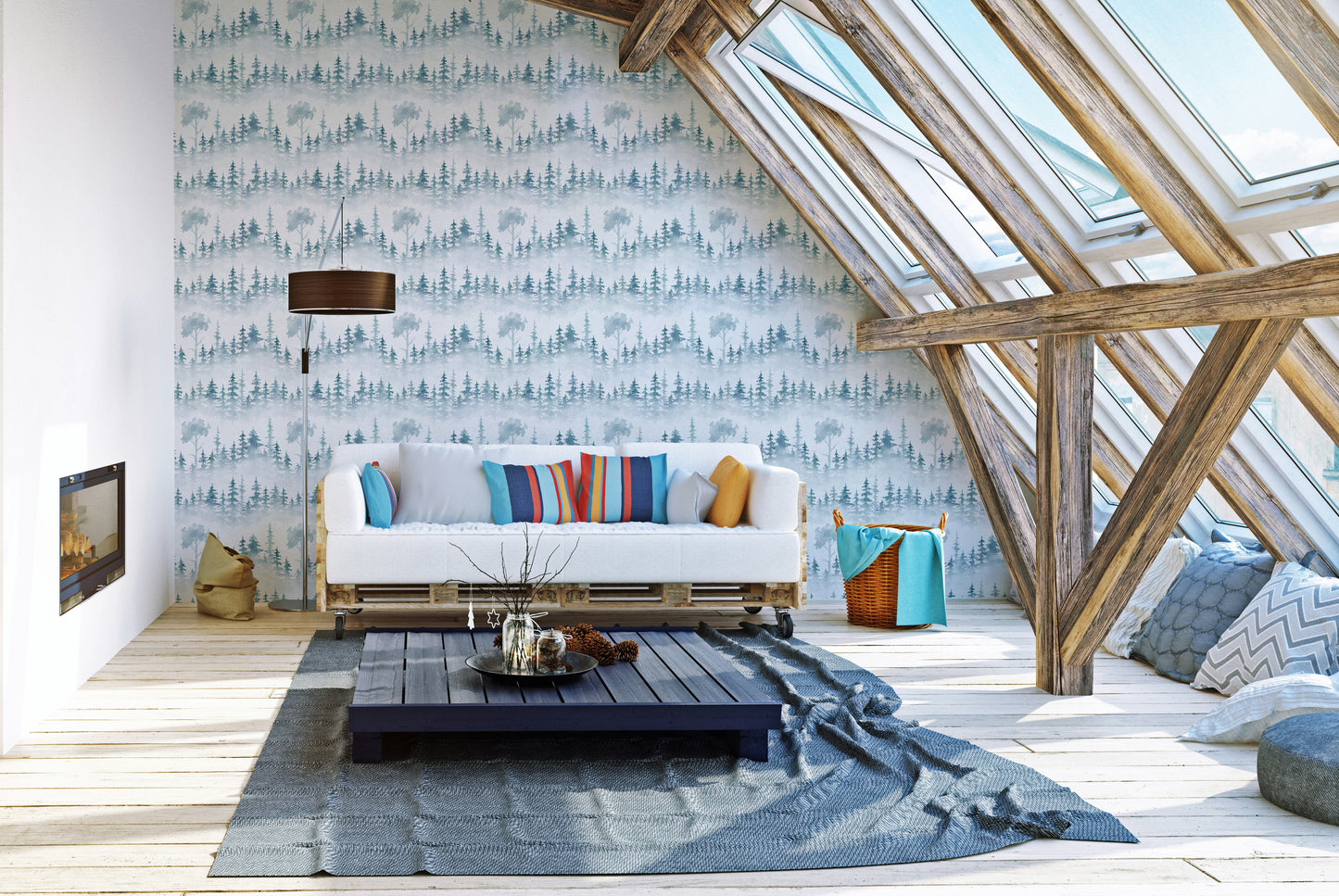 Minimalist foggy forest wallpaper design