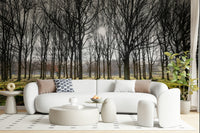 Peaceful forest mural depicting aligned trees and glowing sunlight on the forest floor.