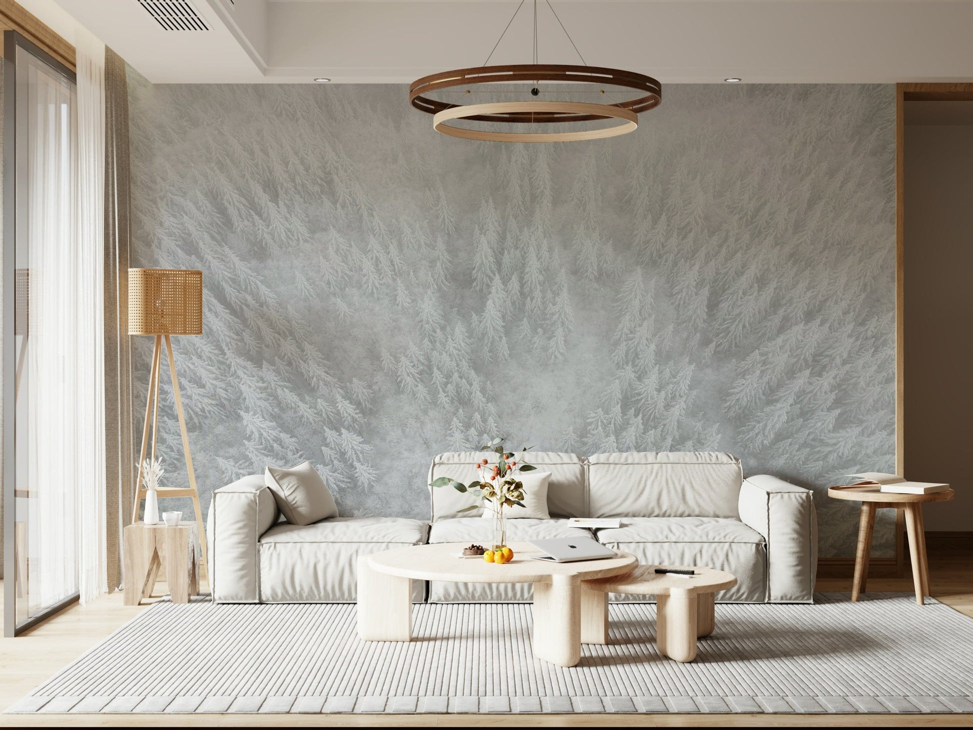 Winter scene mural, dense pine Canopy, beautiful natural wallpaper, cold aesthetic.