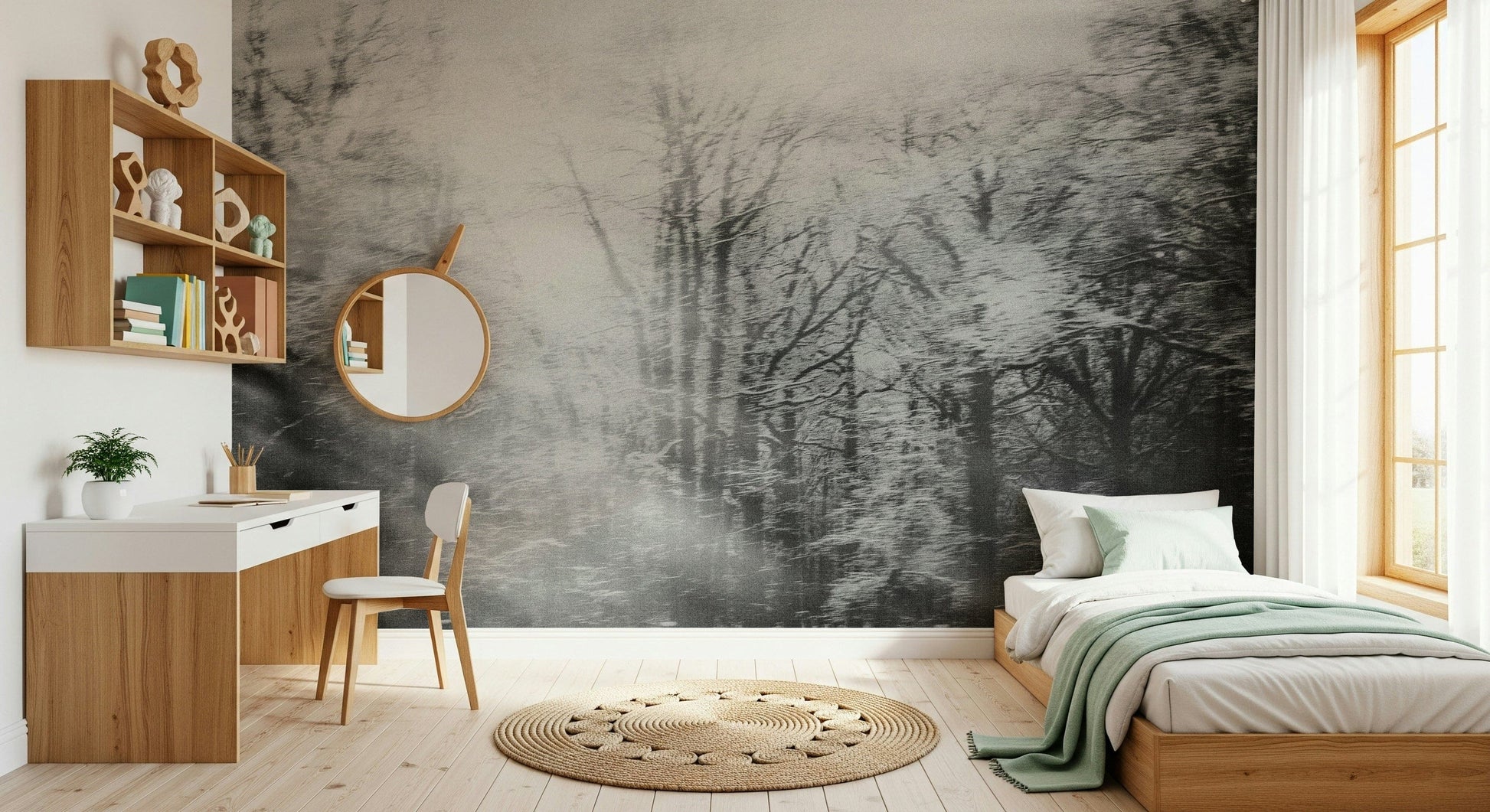 Winter's Whisper Wall Mural applied to a smooth surface in a modern loft