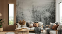 Modern apartment bedroom featuring a winter themed feature wall in cool tones