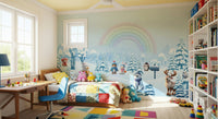 Kids study nook with winter friends rainbow mural.