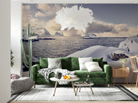 Arctic Dreamscape wallpaper mural of snowy coastline behind a green velvet sofa and white feather pendant