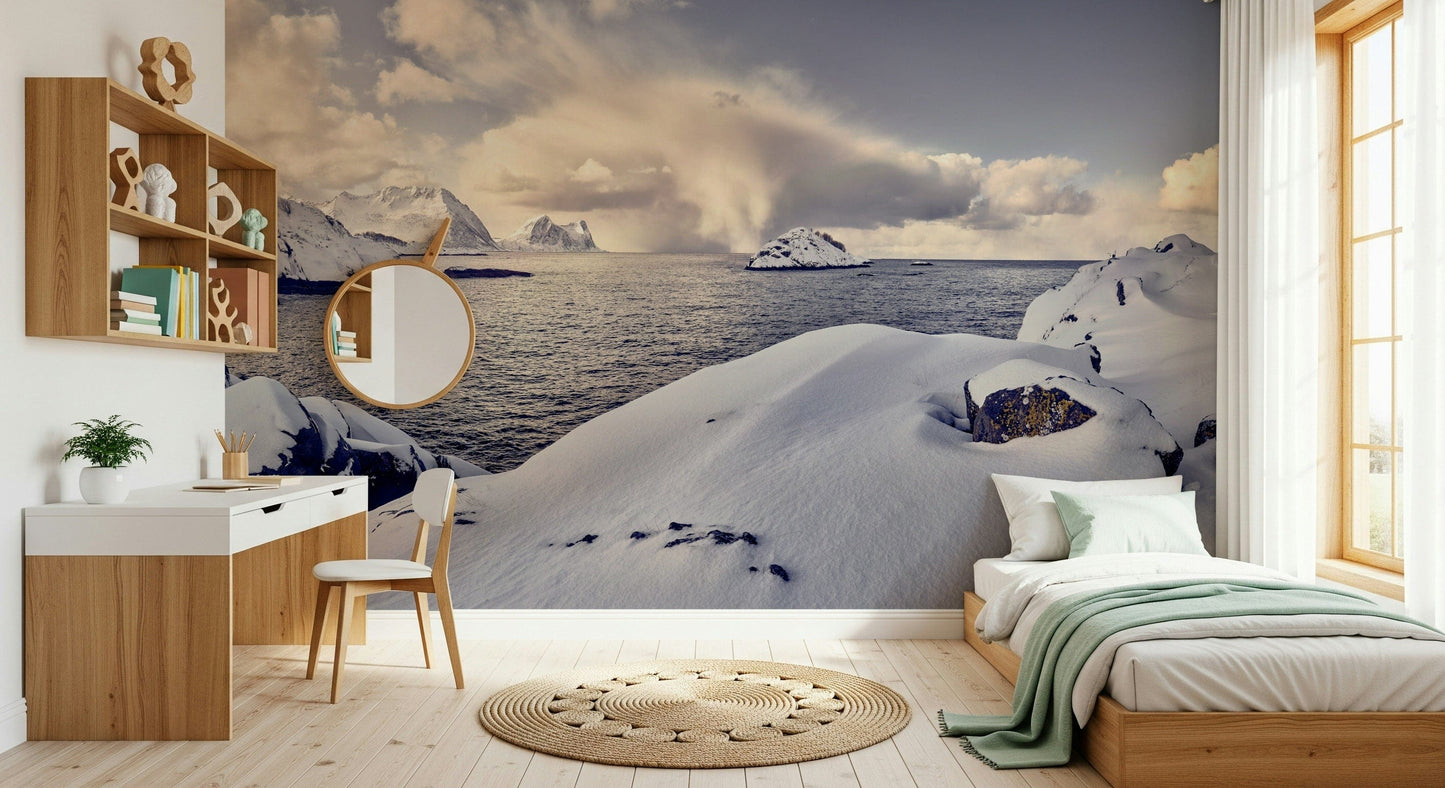 Arctic Dreamscape wallpaper mural of snowy sea cliffs in a child's room with a wood bed and desk
