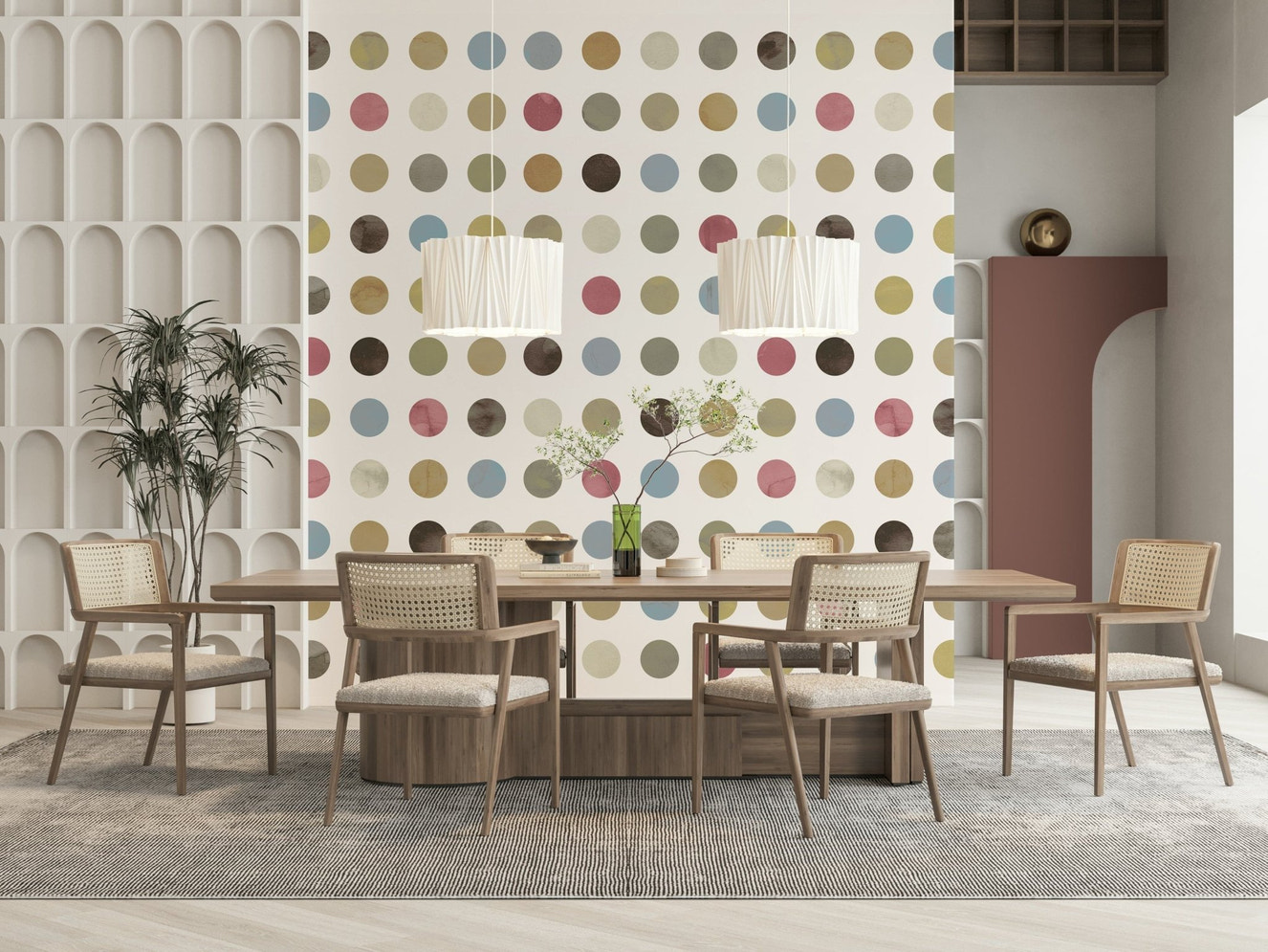 Playful wallpaper showcasing scattered pastel dots in a winter-themed palette.