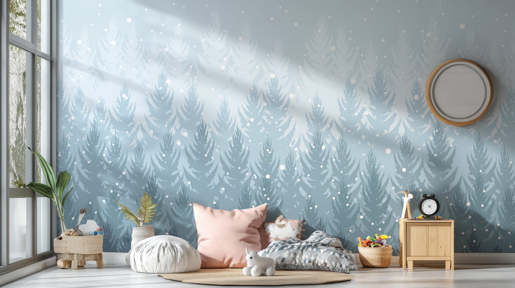 Winter Pines Forest wallpaper in pale blue behind pink floor cushions in a child's play nook