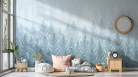 Winter Pines Forest wallpaper in pale blue behind pink floor cushions in a child's play nook
