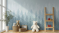Winter Pines Forest wallpaper in soft blue behind teddy bears and wicker baskets in a cozy nursery