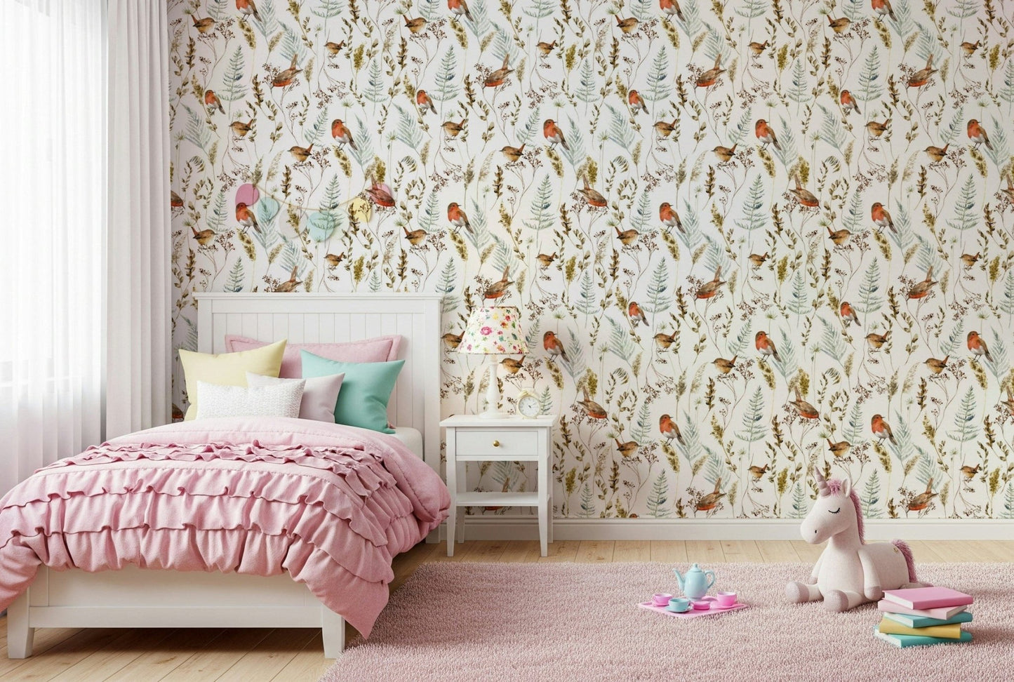 Delicate winter birds wallpaper for hallway, light neutrals, modern wall decor