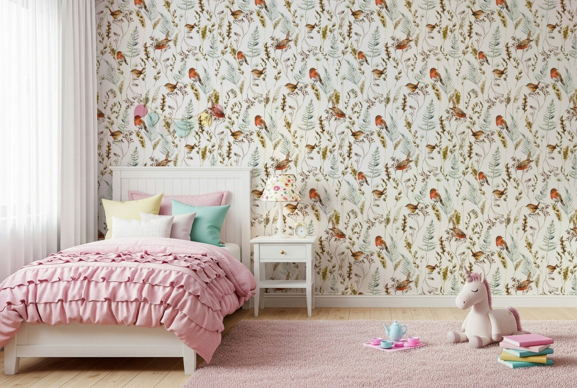 Delicate winter birds wallpaper for hallway, light neutrals, modern wall decor