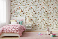 Delicate winter birds wallpaper for hallway, light neutrals, modern wall decor