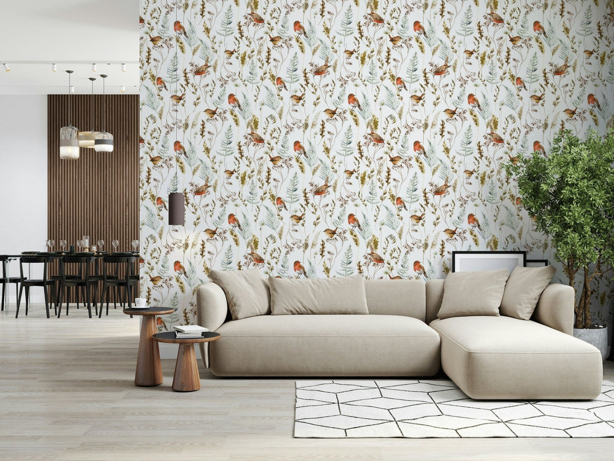 Winter robin wallpaper in modern living room, soft color tones, feature wall decor