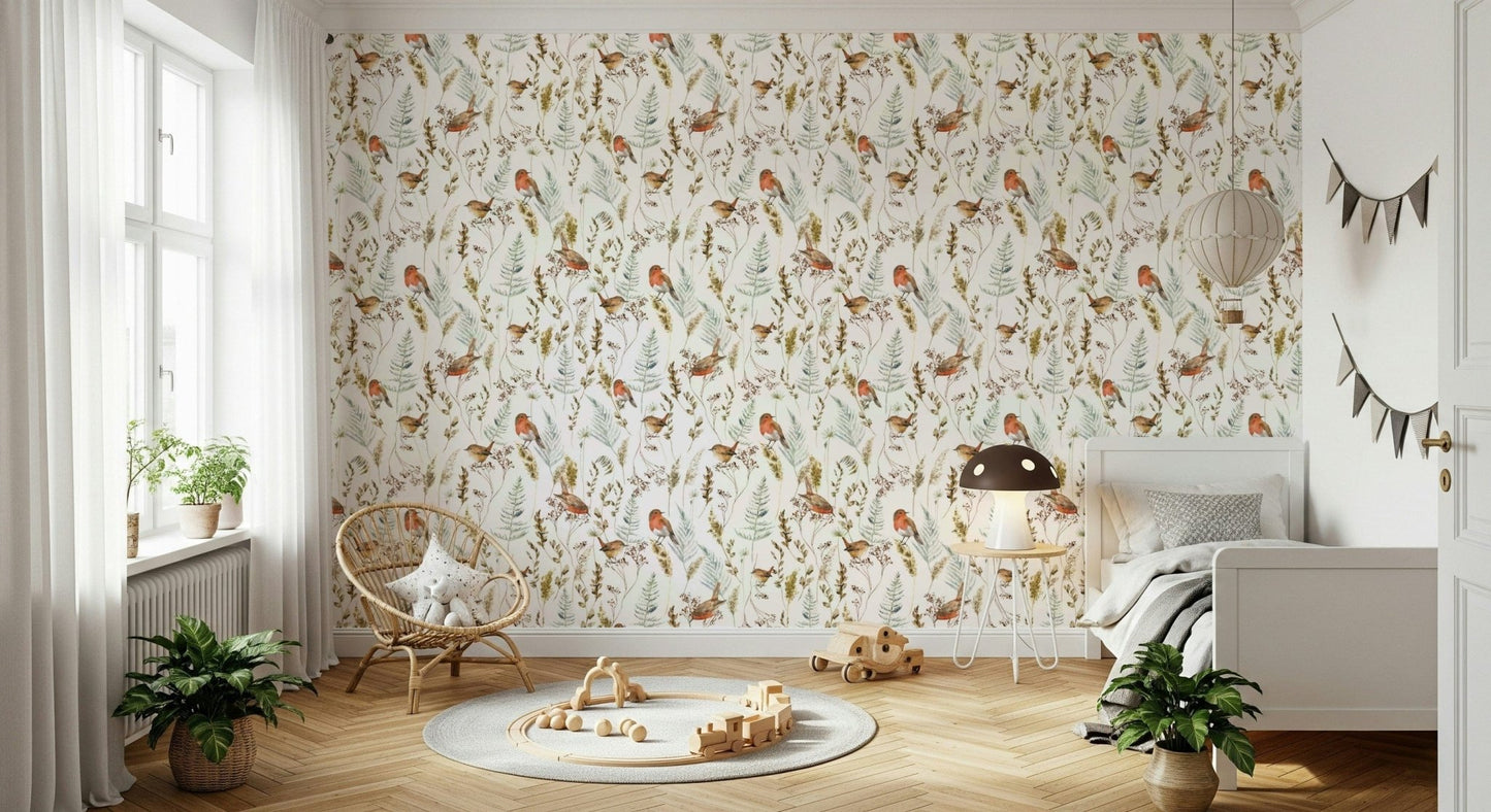 Winter bird wallpaper for home office, clean background, modern wall decor