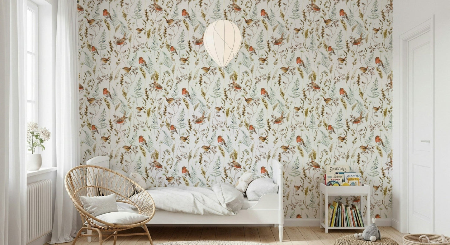 Robins on bare branches wallpaper behind sofa, muted reds and neutrals, modern style
