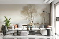 Soft, foggy winter trees lining a quiet beach scene in a calming landscape wallpaper.