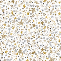 Small gold stars wallpaper in a bright and airy box room converted to a nursery.