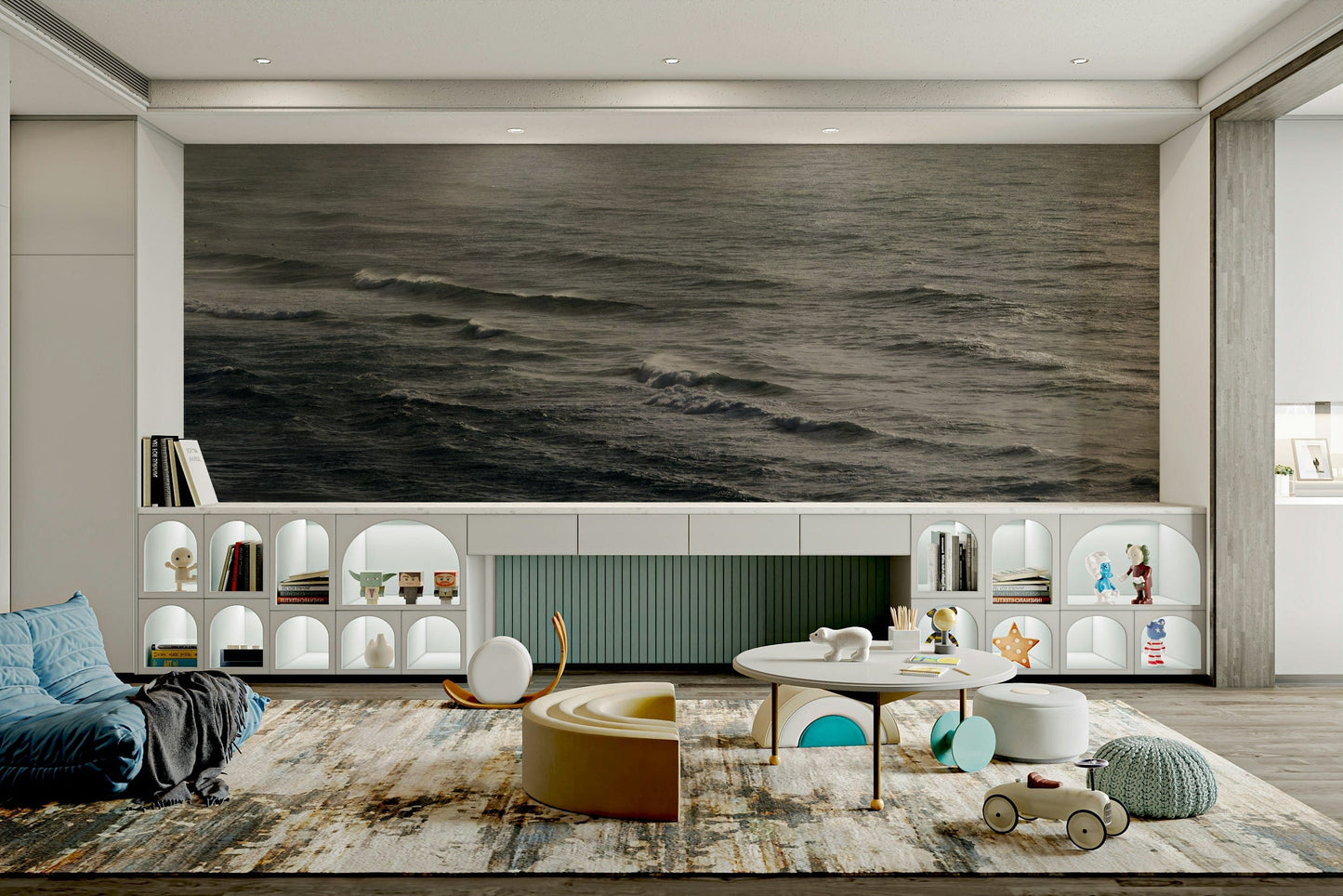 A minimalist interior with the ocean-themed wallpaper.

