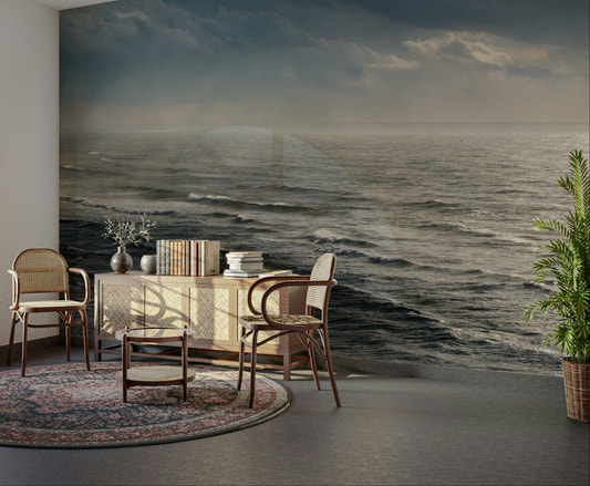 The wallpaper is used as a feature wall in a bedroom.

