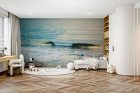A calming abstract wave wallpaper mural that defines a space.

