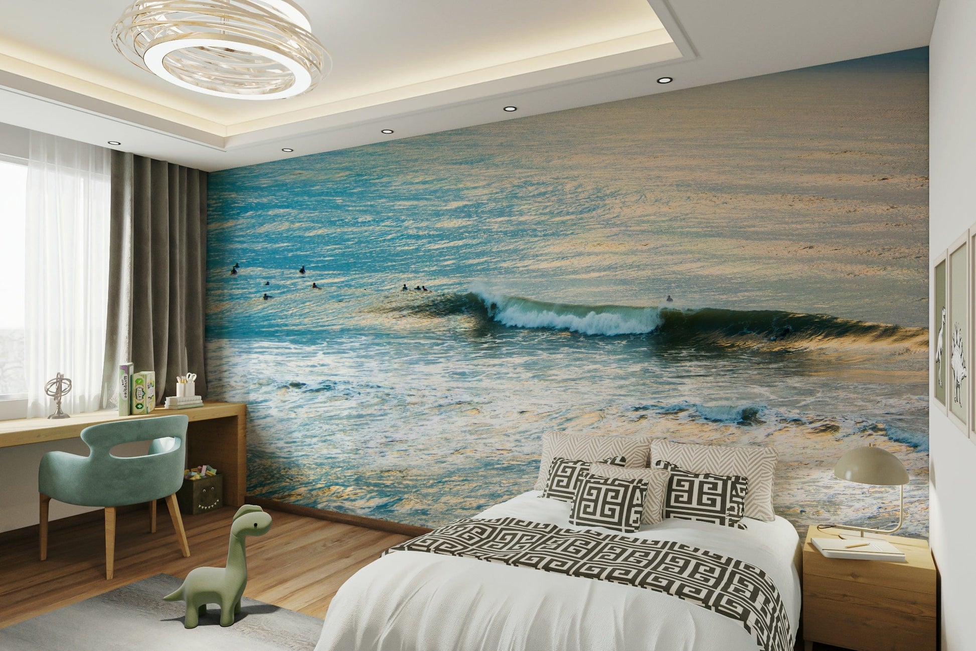 A graceful wave texture wall mural in cool, deep tones.

