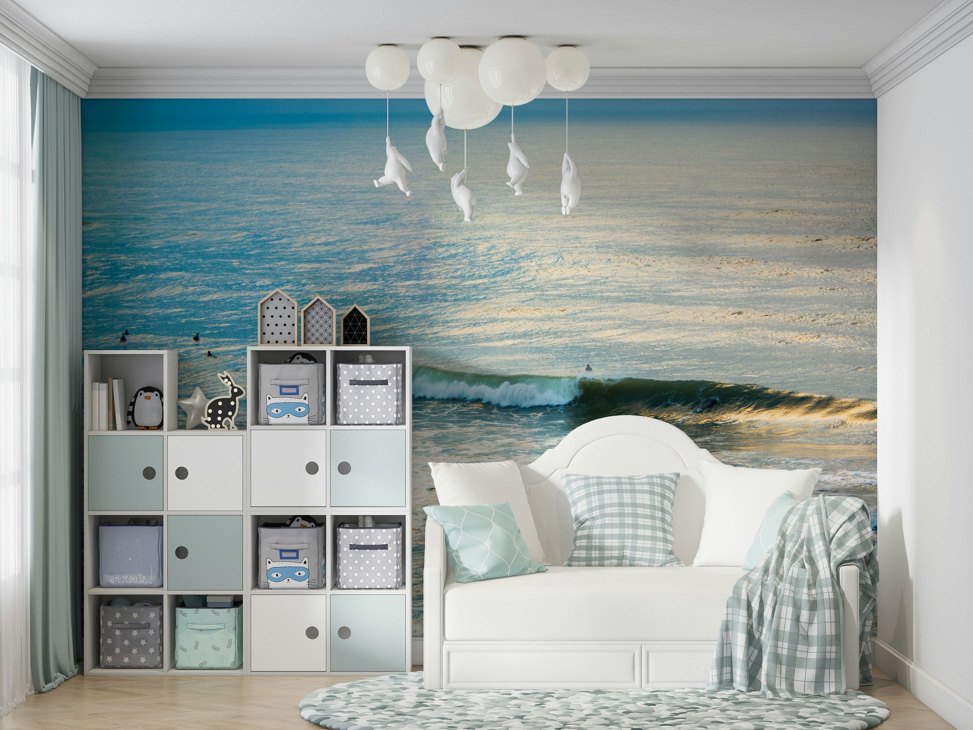 An artistic moody sea mural on minimalist wallpaper.

