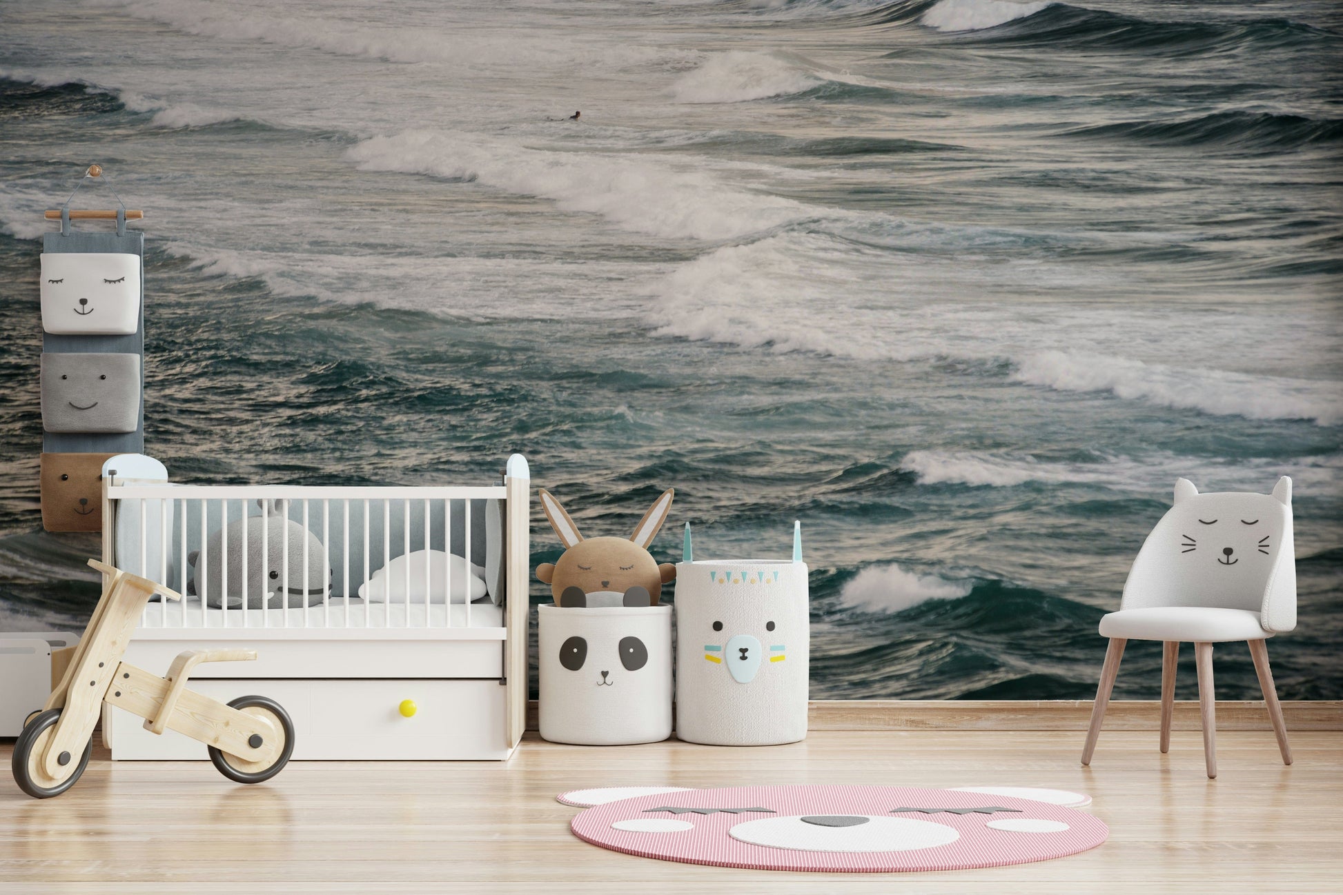 A minimalist home office with the abstract wave wallpaper.

