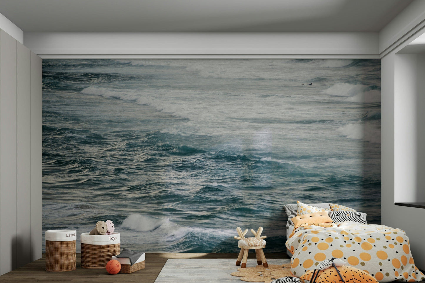 A high-angle view of the wall mural in a large space.

