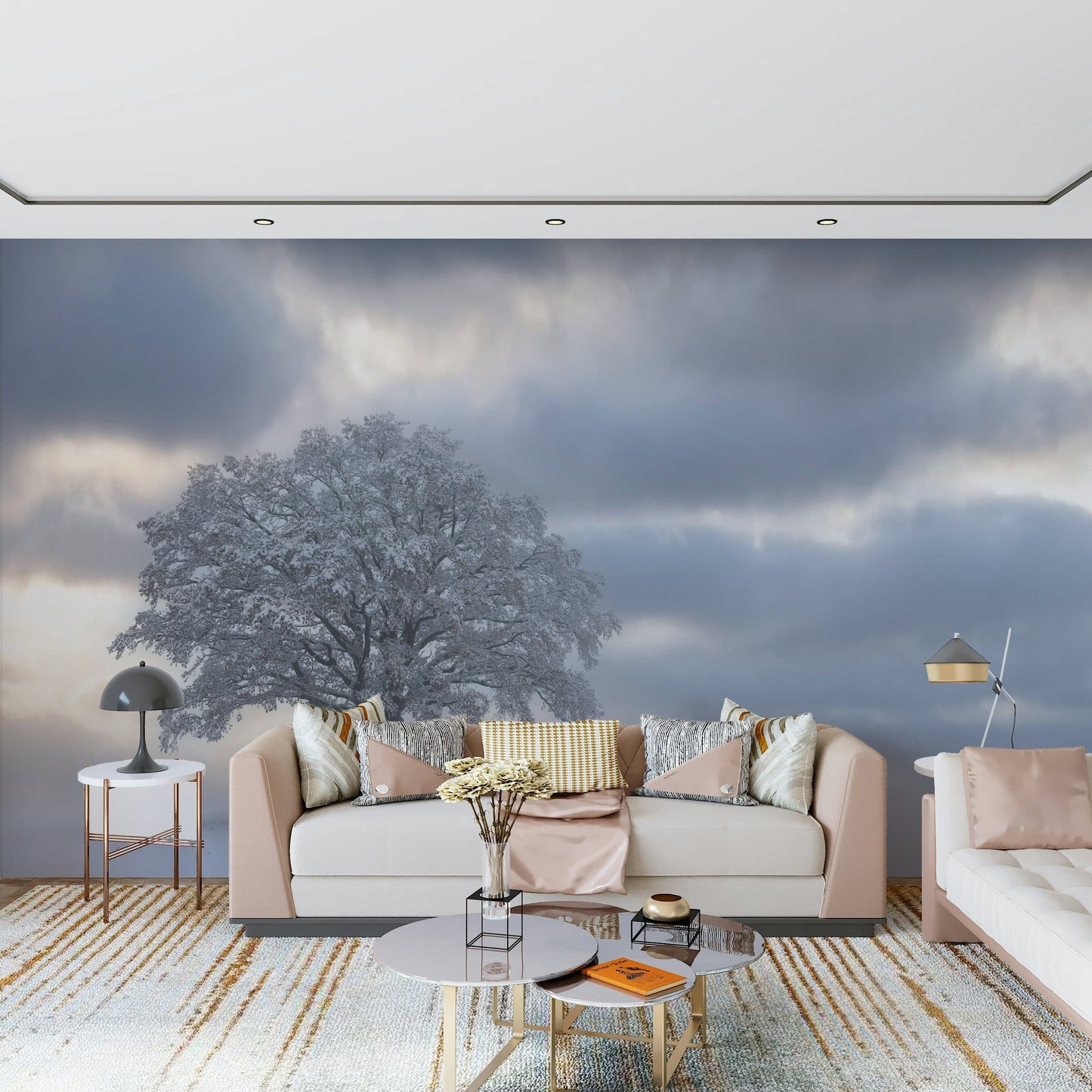 Frozen Woodland wall art, ethereal glow, majestic oak, cool tones.