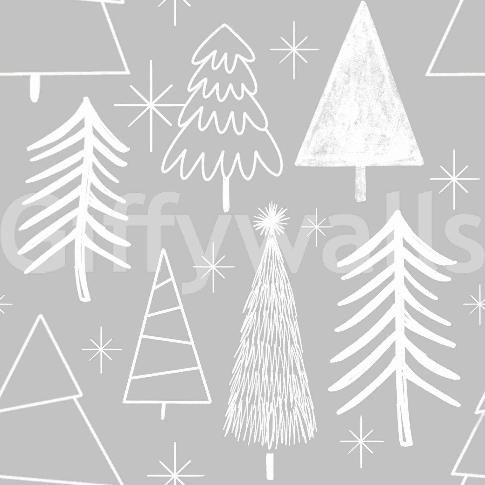 A serene snowy forest wallpaper pattern with sketchy white trees on a gray canvas.