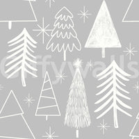 A serene snowy forest wallpaper pattern with sketchy white trees on a gray canvas.