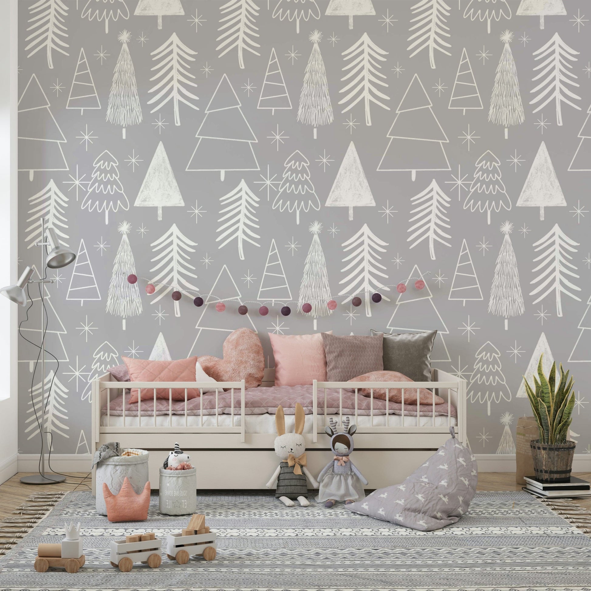 White doodle-style winter trees scattered across a soft gray wallpaper for a subtle festive feel.