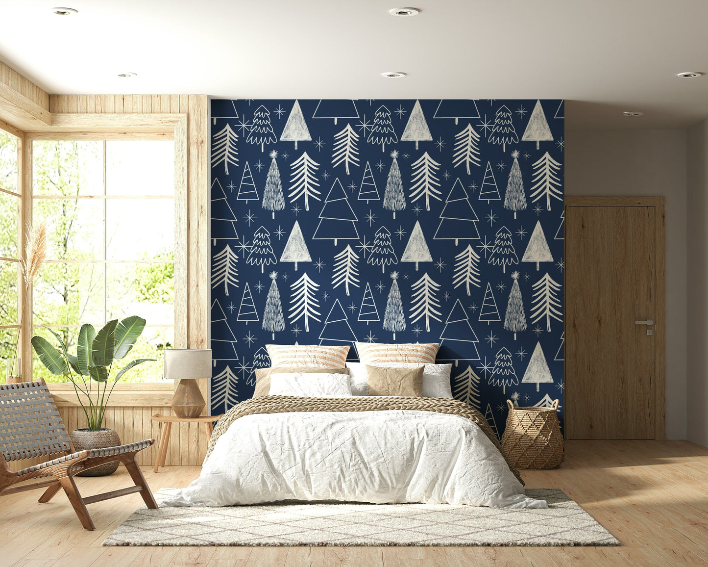 Winter trees wallpaper with clean, simple line drawings and a snowy forest feel.