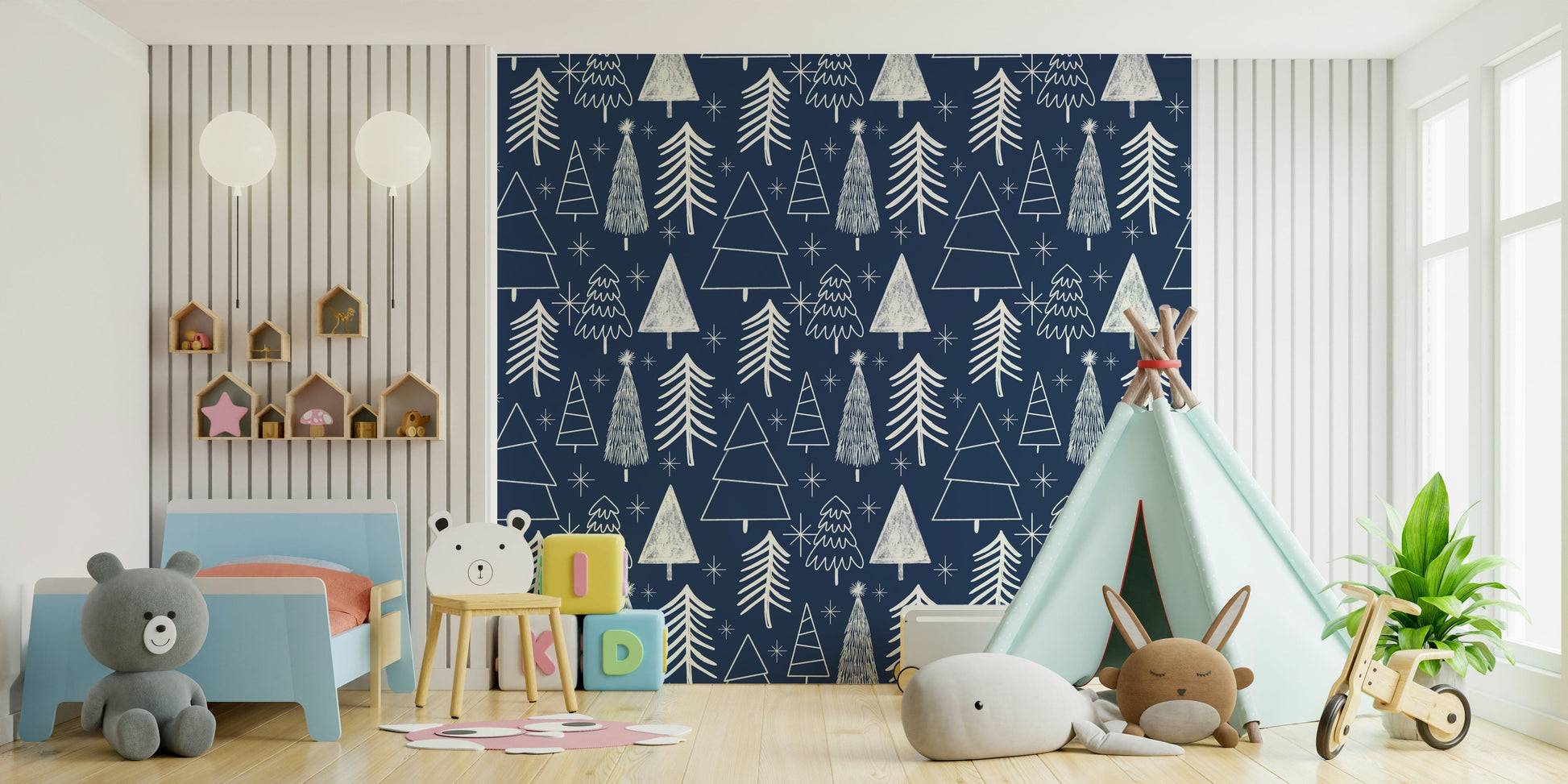 A festive wallpaper with sketched winter trees and star accents in a simple, modern style.