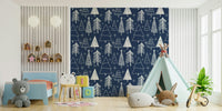 A festive wallpaper with sketched winter trees and star accents in a simple, modern style.