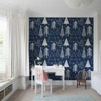 A winter trees wallpaper featuring hand-drawn white Christmas trees on a deep navy background.