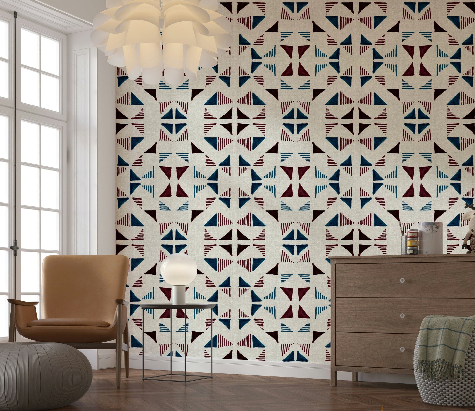 Frost-inspired geometric mural with crisp triangle patterns and wintry color palette.