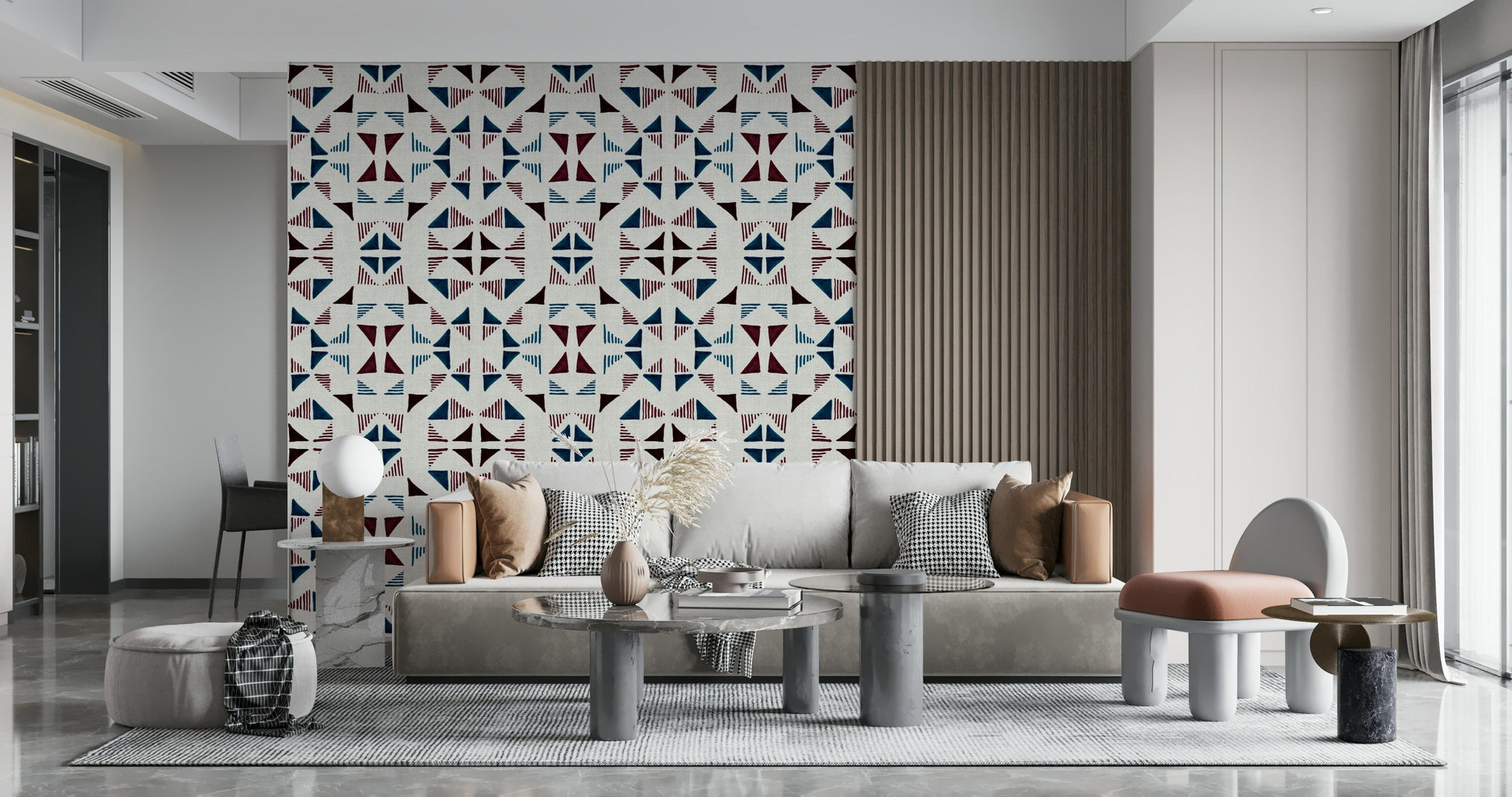 Cool-toned geometric design wallpaper — layered triangles evoking a serene winter landscape.