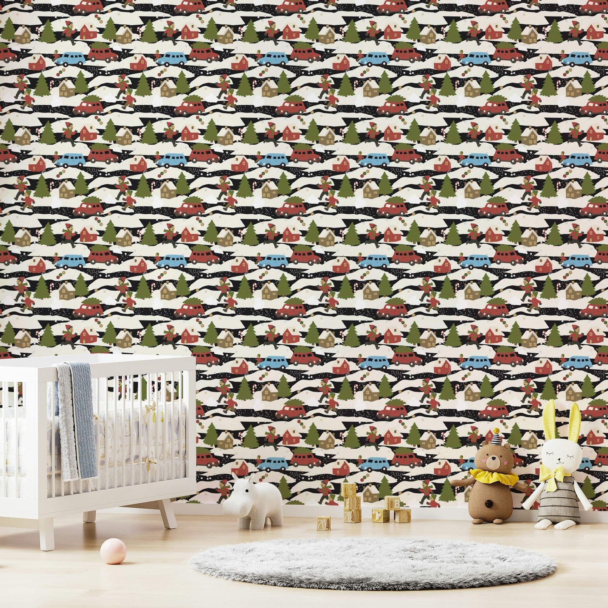 Snowy Town Adventure Christmas wallpaper for walls.