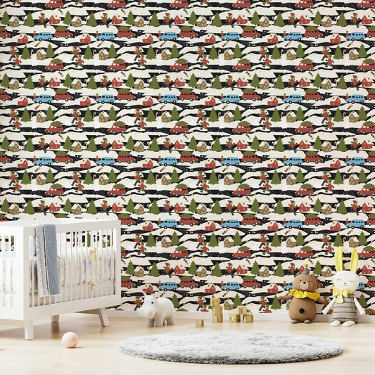 Snowy Town Adventure Christmas wallpaper for walls.