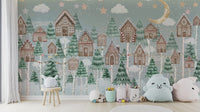 A peaceful wall mural with a snow-covered village scene.

